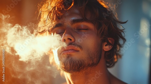Young man exhaling cigar smoke in a contemplative atmosphere with soft lighting and a relaxed expression