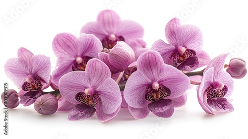 Macro closeup of vibrant purple orchid flower cluster with buds and green leaves isolated on a clean white background for floral designs.