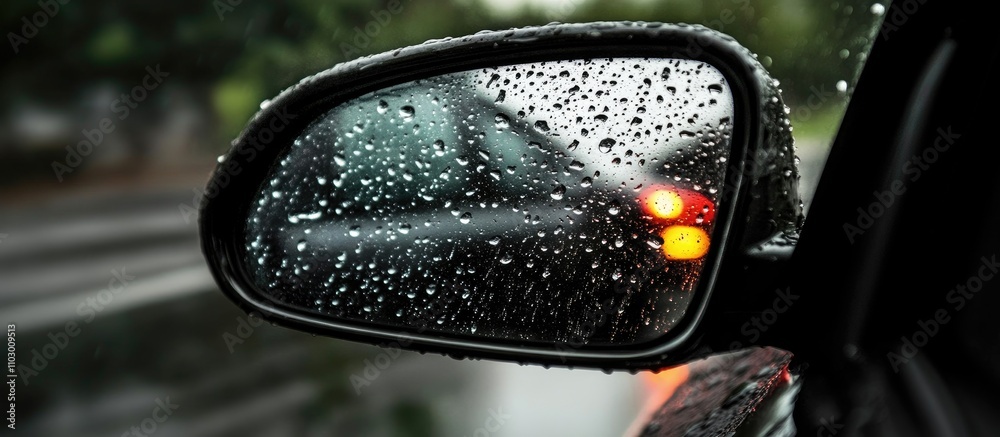 Raindrops on rearview mirror monochrome capturing reflections and atmospheric conditions in an urban setting during rainfall Raindrops on rearview mirror monochrome capturing reflections and atmospheric conditions in an urban setting during rainfall