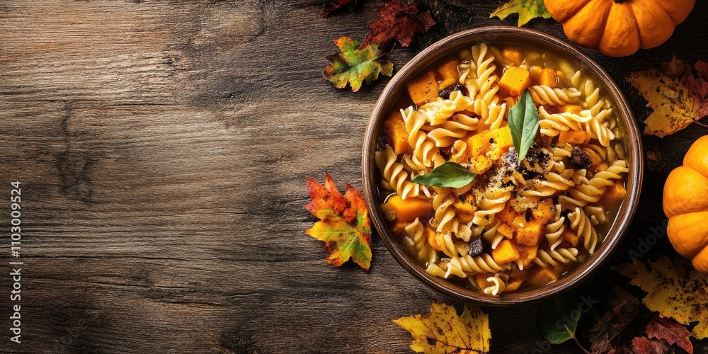 A wooden surface showcases a bowl of classic Italian Halloween soup featuring pasta and pumpkin. This autumn vegetarian dish is presented from above, leaving room for text. A wooden surface showcases a bowl of classic Italian Halloween soup featuring pasta and pumpkin. This autumn vegetarian dish is presented from above, leaving room for text.