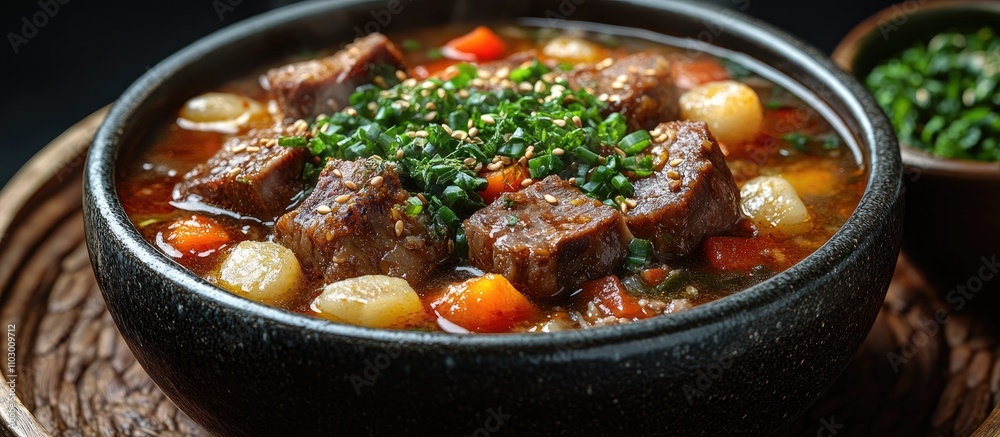 Traditional Sup Konro Beef Rib Soup with Vegetables and Aromatic Herbs in a Rustic Bowl Traditional Sup Konro Beef Rib Soup with Vegetables and Aromatic Herbs in a Rustic Bowl