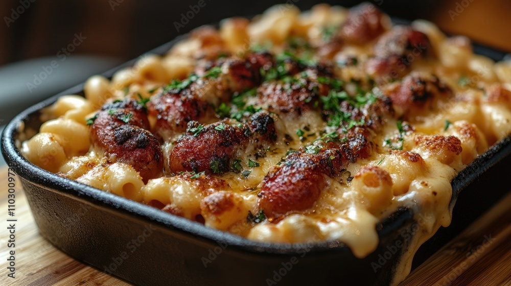 Baked mac and cheese topped with crispy hot dogs and fresh herbs in a cast iron dish Baked mac and cheese topped with crispy hot dogs and fresh herbs in a cast iron dish