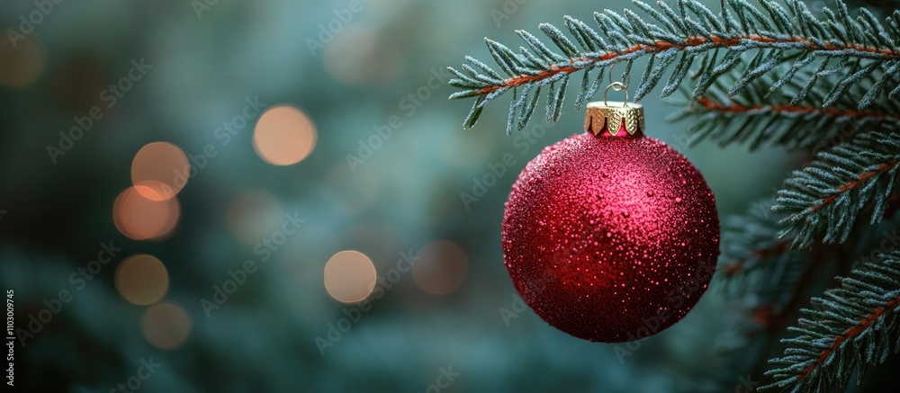 Obraz premium Red Christmas ornament hanging on pine branch with blurred festive background ideal for holiday themed designs and seasonal decorations