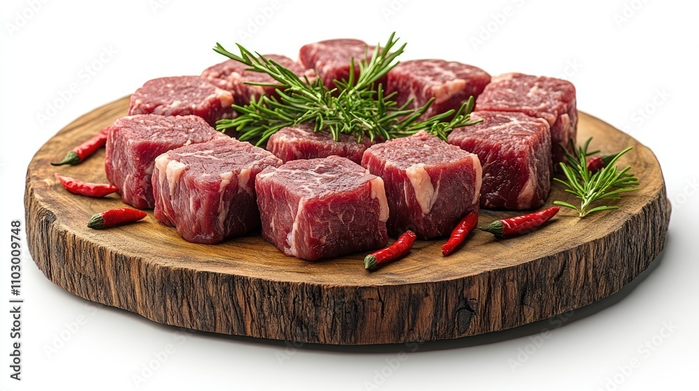 Fresh raw beef medallions on wooden platter with hot peppers and herbs arranged artistically against white background for culinary presentation. Fresh raw beef medallions on wooden platter with hot peppers and herbs arranged artistically against white background for culinary presentation.