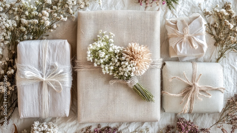 Eco-Friendly Gift Packaging with Craft Paper and Fabric Accents Decorated with Dried and Fresh Flowers for Thoughtful, Nature-Conscious Gifting Eco-Friendly Gift Packaging with Craft Paper and Fabric Accents Decorated with Dried and Fresh Flowers for Thoughtful, Nature-Conscious Gifting