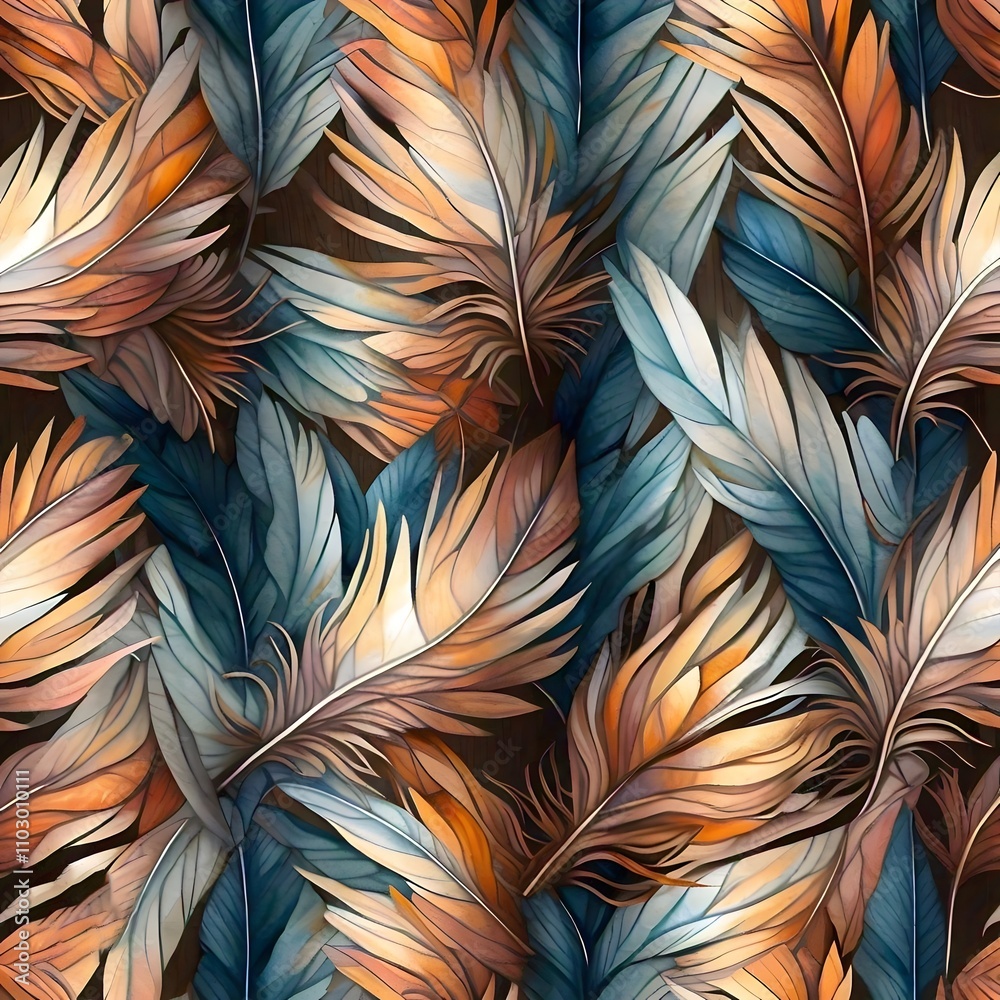 Depicts a vibrant and intricate pattern of feathers in shades of blue brown and orange Depicts a vibrant and intricate pattern of feathers in shades of blue brown and orange