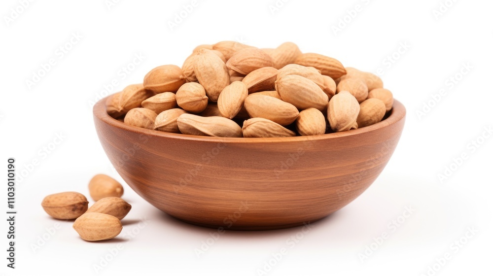 Wooden bowl filled with raw peanuts showcasing natural textures against a clean white background for culinary or health-related themes Wooden bowl filled with raw peanuts showcasing natural textures against a clean white background for culinary or health-related themes