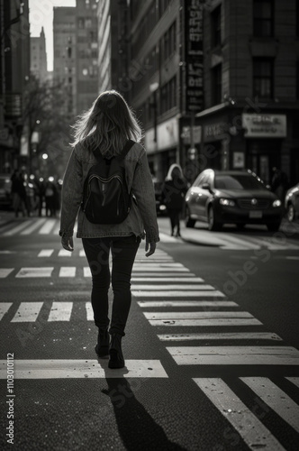 Monochrome Young woman rushing in a crosswalk in the city