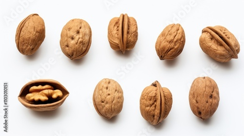 Walnut Kernels and Shells Isolated on White Background Aerial View of Healthy Nuts for Culinary and Nutritional Use