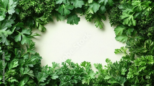 Fresh parsley leaves forming a natural frame on a white background perfect for food or cooking themes in advertisements or presentations. photo