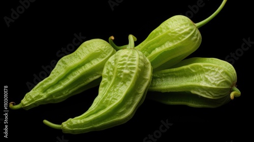 Bitter melon sopropo green gourd with unique texture on black background showcasing its distinctive shape and culinary appeal photo