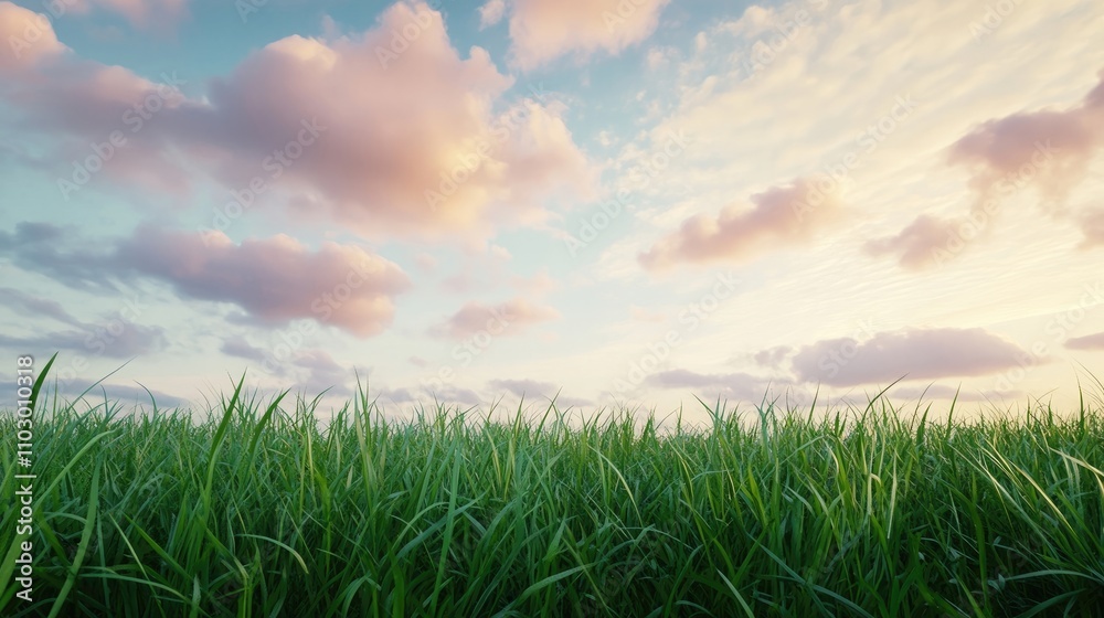 Lush green grass stretches out beneath a beautifully cloud-studded evening sky, creating a serene landscape with ample photo style copy space for creative use. Lush green grass stretches out beneath a beautifully cloud-studded evening sky, creating a serene landscape with ample photo style copy space for creative use.