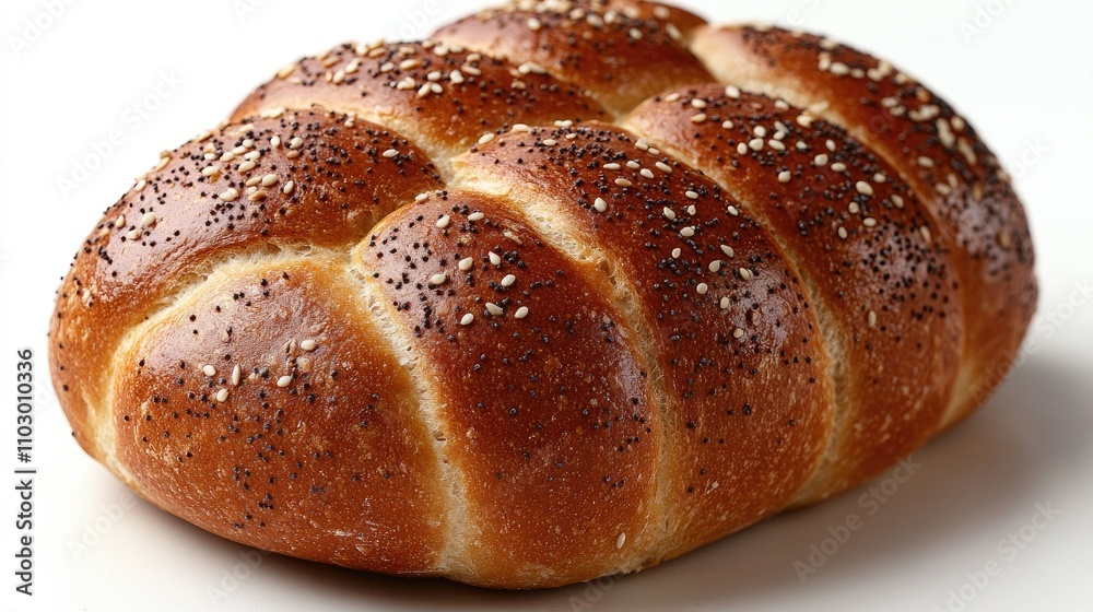 Freshly baked light wheat sesame seed bread roll on a clean white background showcasing its golden crust and soft texture. Freshly baked light wheat sesame seed bread roll on a clean white background showcasing its golden crust and soft texture.