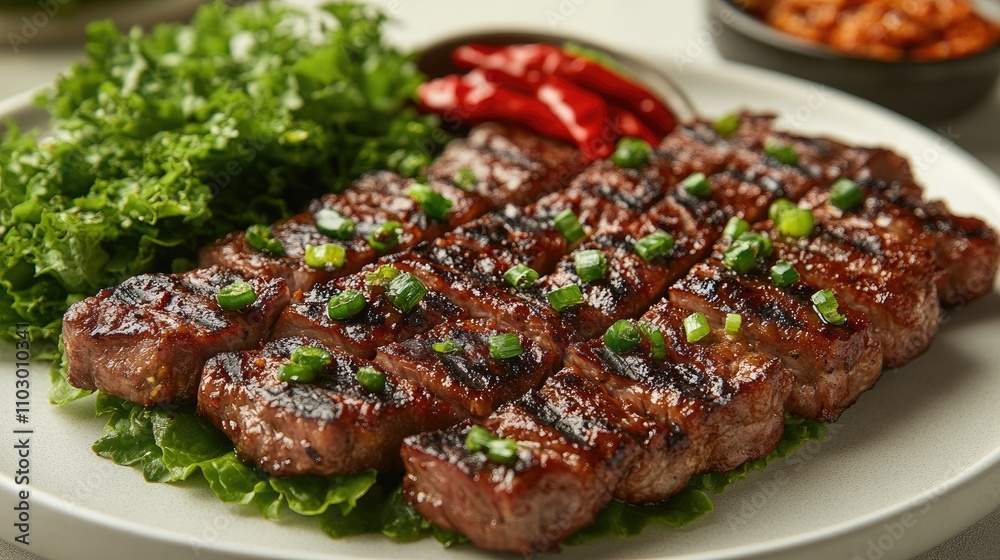 Grilled steak garnished with fresh lettuce and red chili peppers on a white plate against a neutral background Grilled steak garnished with fresh lettuce and red chili peppers on a white plate against a neutral background