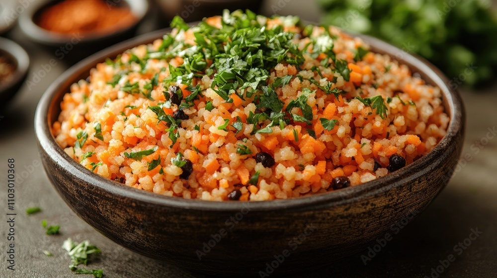 Colorful spicy salad with grated carrots and parsley in a rustic bowl on a textured background showcasing healthy ingredients. Colorful spicy salad with grated carrots and parsley in a rustic bowl on a textured background showcasing healthy ingredients.