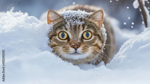 Frightened cat surrounded by snow, displaying a startled expression. The snow creates a captivating contrast with the cats fur. Ideal for evoking emotions with empty space for text. photo