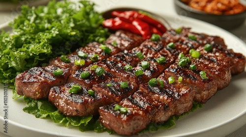 Grilled steak garnished with fresh lettuce and red chili peppers on a white plate against a neutral background