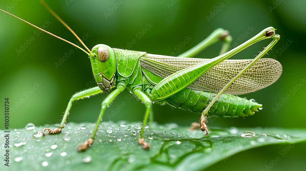 A close-up of a green grasshopper perched on a leaf with droplets of water. A close-up of a green grasshopper perched on a leaf with droplets of water.