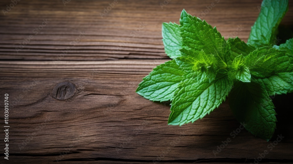 Fresh green mint leaves on rustic wooden surface for culinary and herbal decoration concepts Fresh green mint leaves on rustic wooden surface for culinary and herbal decoration concepts