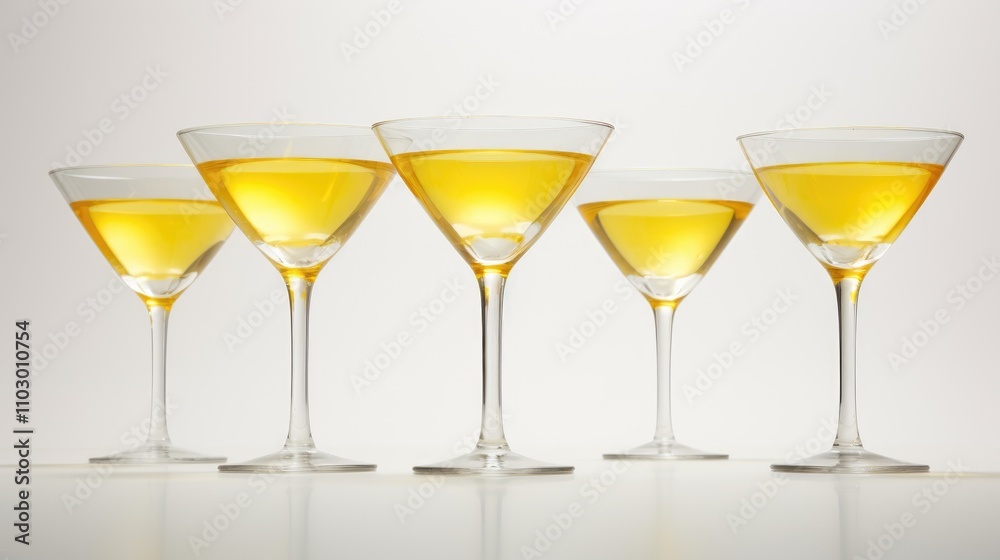 Elegant yellow cocktail glasses arranged in a row with a smooth white backdrop highlighting their vibrant color and sophisticated design Elegant yellow cocktail glasses arranged in a row with a smooth white backdrop highlighting their vibrant color and sophisticated design
