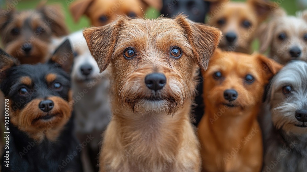 Group of adorable dogs with diverse breeds posing closely together against a natural outdoor background. Perfect for pet-themed projects. Group of adorable dogs with diverse breeds posing closely together against a natural outdoor background. Perfect for pet-themed projects.