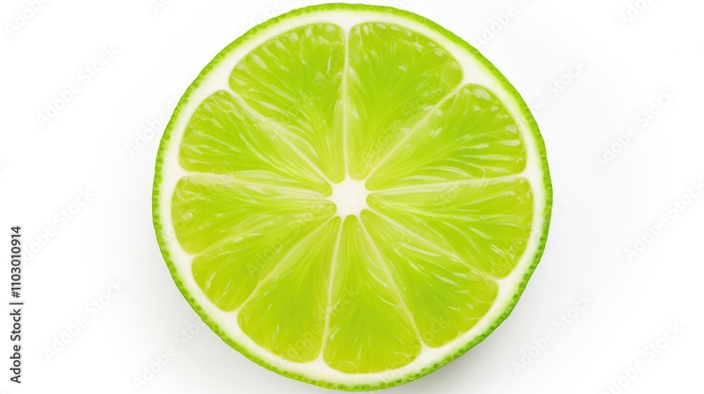 Fresh lime slice showcased against a clean white background highlighting its vibrant green color and textured surface. Fresh lime slice showcased against a clean white background highlighting its vibrant green color and textured surface.