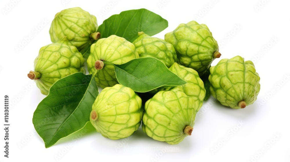 Noni fruits with vibrant green leaves arranged on a clean white background showcasing their natural texture and freshness Noni fruits with vibrant green leaves arranged on a clean white background showcasing their natural texture and freshness