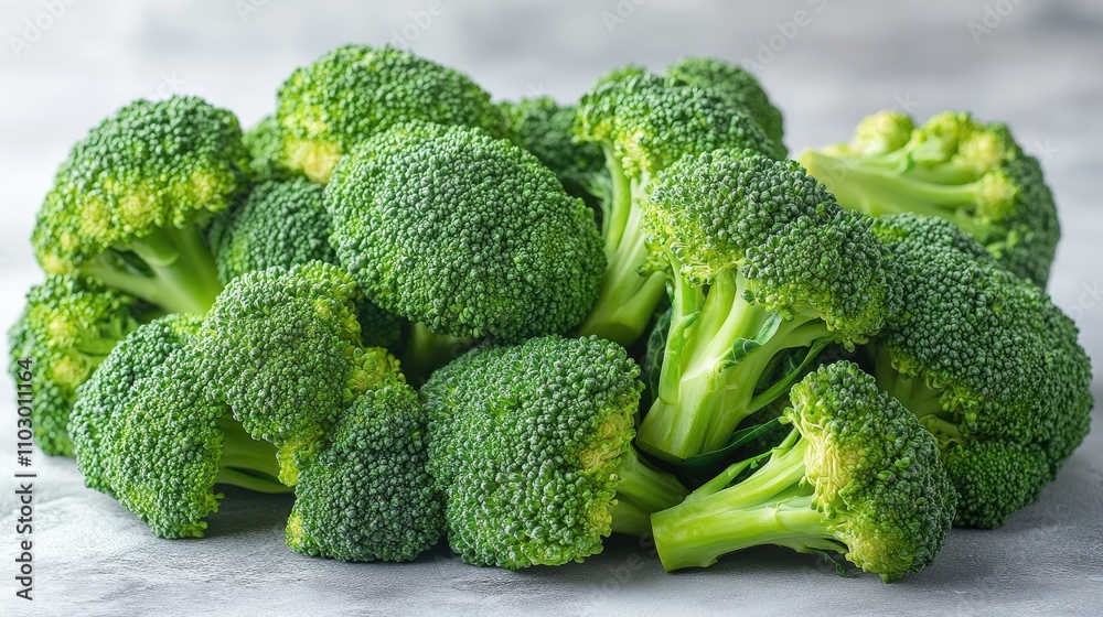 Closeup of fresh vibrant broccoli florets arranged on a light background showcasing their natural textures and colors. Closeup of fresh vibrant broccoli florets arranged on a light background showcasing their natural textures and colors.