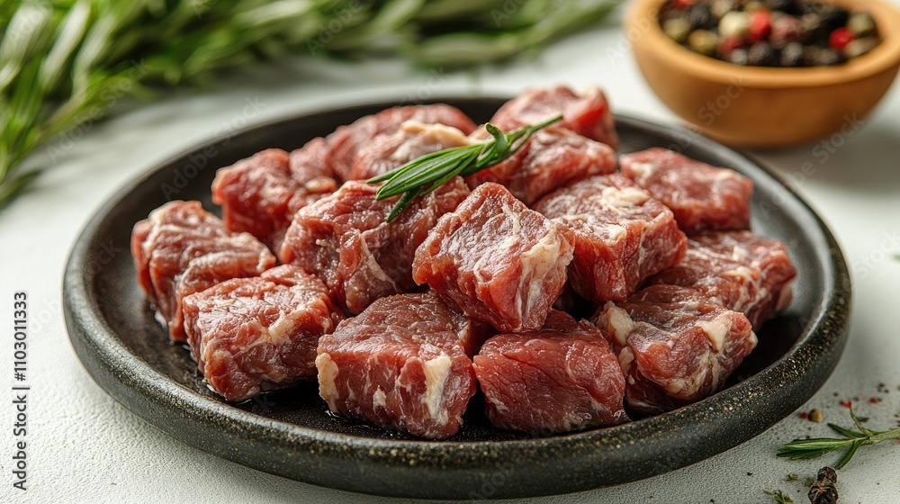 Raw beef cubes arranged on a black plate garnished with herbs surrounded by spices on a light background for culinary presentations Raw beef cubes arranged on a black plate garnished with herbs surrounded by spices on a light background for culinary presentations