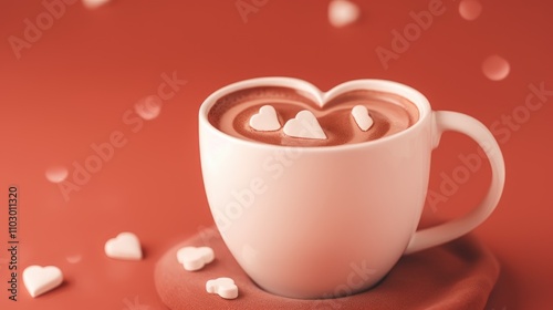 Heart-shaped marshmallows in hot cocoa beverage cup on a soft background cozy warm drink perfect for winter or romantic occasions photo