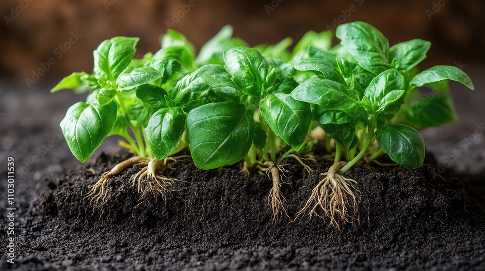 Green basil seedlings with visible roots showcasing growth and freshness in rich soil environment for culinary or gardening visuals Green basil seedlings with visible roots showcasing growth and freshness in rich soil environment for culinary or gardening visuals