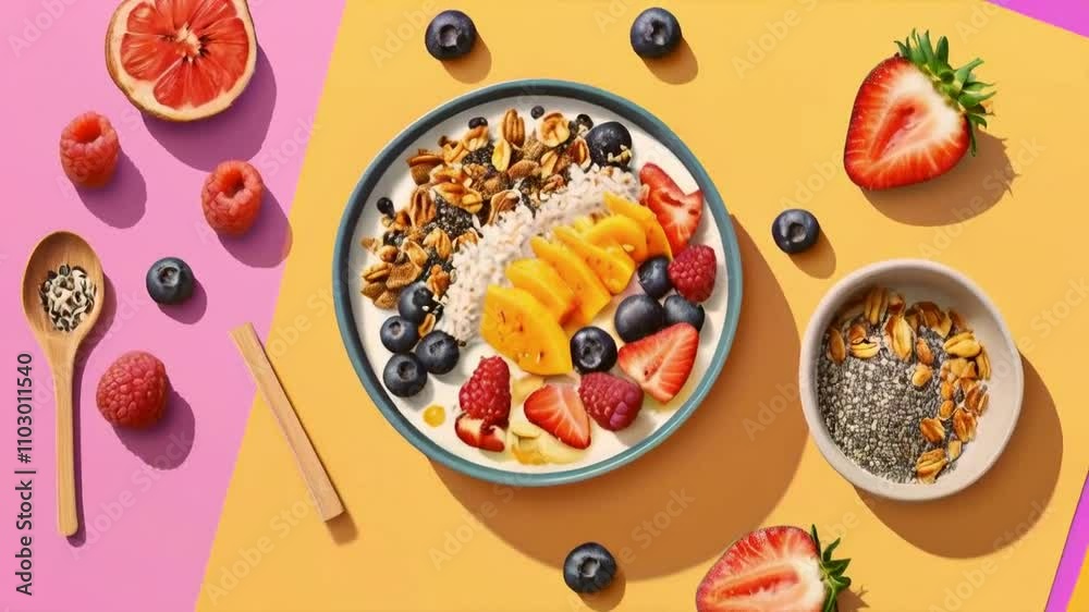 A vibrant breakfast bowl with yogurt, fruits, and granola, promoting healthy eating. A vibrant breakfast bowl with yogurt, fruits, and granola, promoting healthy eating.