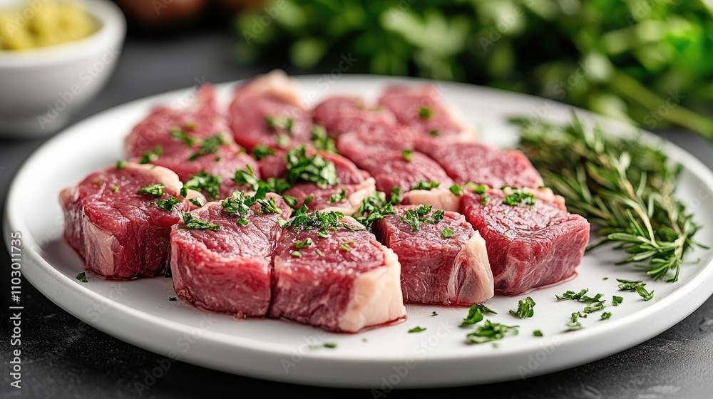 Freshly prepared lamb chops garnished with herbs on a white plate against a blurred background of vegetables and greens. Freshly prepared lamb chops garnished with herbs on a white plate against a blurred background of vegetables and greens.