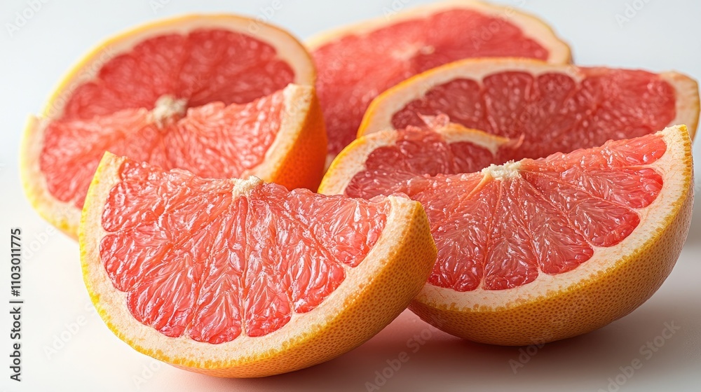Juicy grapefruit slices rich in vitamin C arranged on a bright white background showcasing their vibrant colors and fresh texture. Juicy grapefruit slices rich in vitamin C arranged on a bright white background showcasing their vibrant colors and fresh texture.