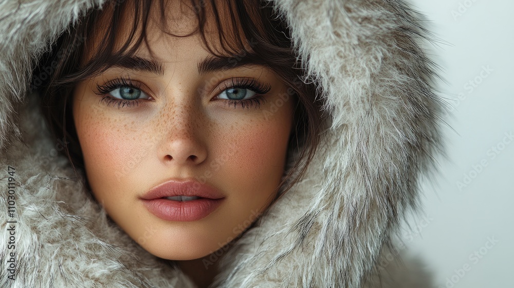 Brunette woman in a stylish faux fur coat with a hood showcasing natural beauty and confidence against a clean white background Brunette woman in a stylish faux fur coat with a hood showcasing natural beauty and confidence against a clean white background