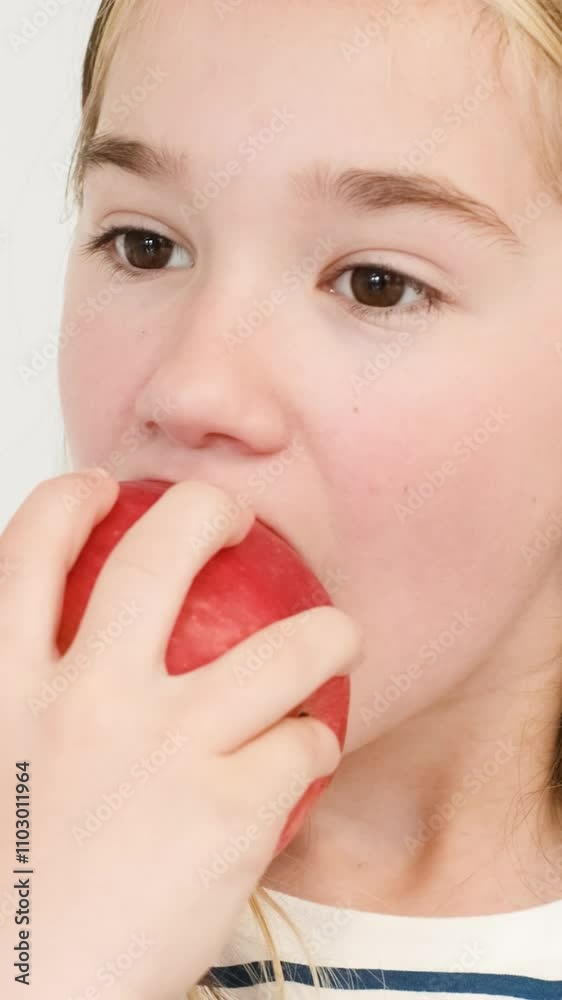 Little girl eating apple on beige background, closeup, vertical video Little girl eating apple on beige background, closeup, vertical video