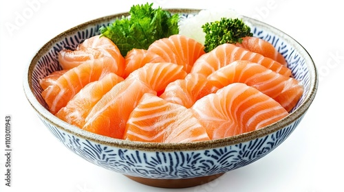 Salmon sashimi rice bowl served on a clean white background, highlighting the freshness of the salmon and inviting presentation of this delicious rice bowl. The image offers ample copy space.