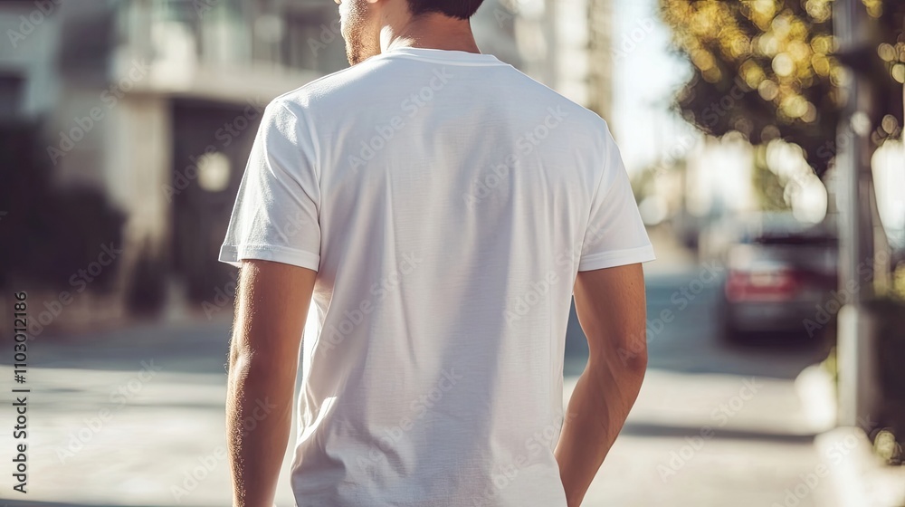 Blank white t-shirt mockup with a summer short sleeve design, captured from the back view, providing ample copy space for branding and creative displays. Blank white t-shirt mockup with a summer short sleeve design, captured from the back view, providing ample copy space for branding and creative displays.
