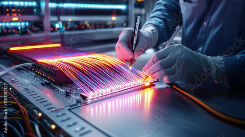 Fiber Optic High-Technology: Technicians Splicing Cables in Advanced Server Systems Technician working with colorful fiber optic cables in lab environment