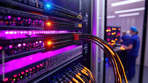 Fiber Optic High-Technology: Technicians Splicing Cables in Advanced Server Systems High tech server room with colorful lights and cables in operation