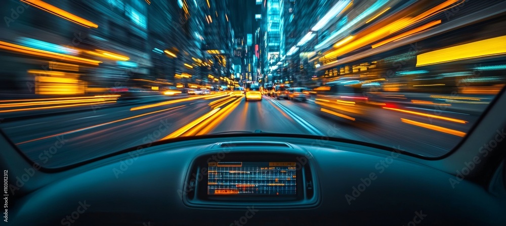 Car view city street with blur fast speed effect. Generative AI technology.
Car view city street with blur fast speed effect. Generative AI technology.