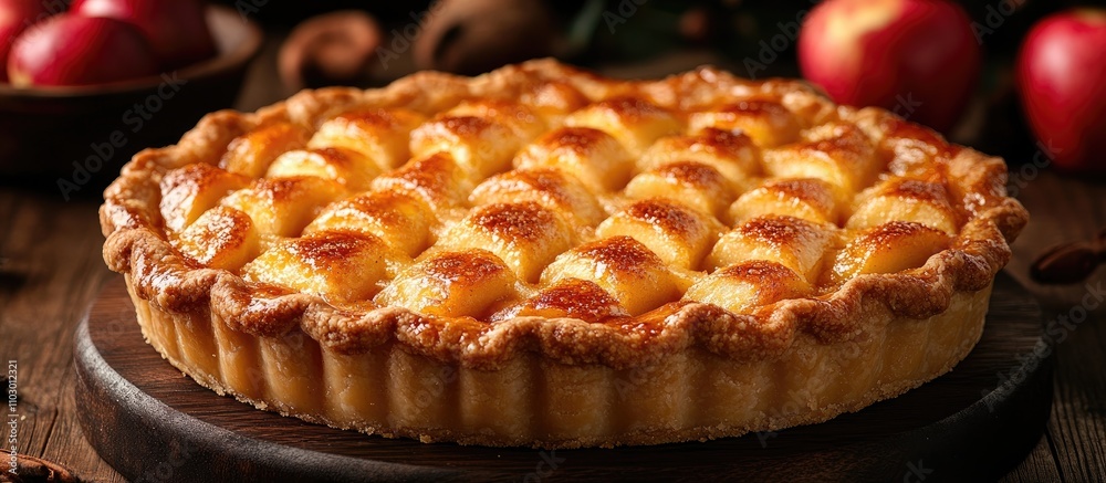 Deliciously baked apple pie on rustic wooden table with fresh apples and warm rustic ambiance