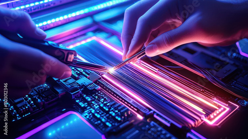 Fiber Optic High-Technology: Technicians Splicing Cables in Advanced Server Systems High tech engineers working on glowing circuit board with vibrant lights