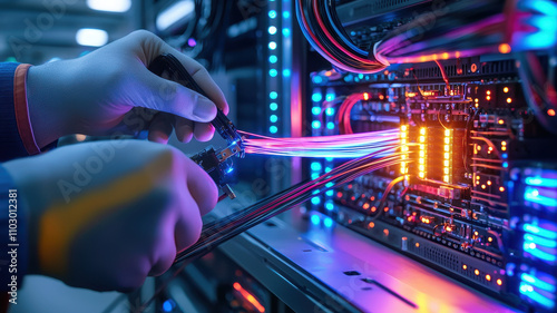 Fiber Optic High-Technology: Technicians Splicing Cables in Advanced Server Systems Close up of engineers connecting cables in glowing server rack