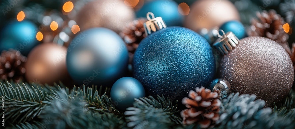 Turquoise and silver Christmas ornament arrangement with pinecones and blurred festive background lights Turquoise and silver Christmas ornament arrangement with pinecones and blurred festive background lights