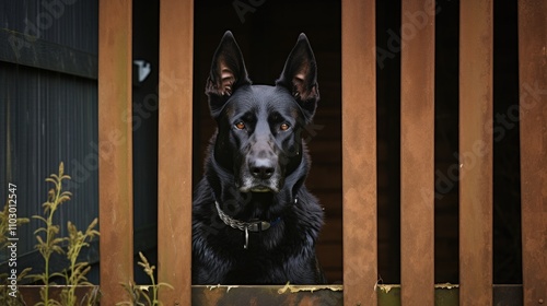 Vigilant black guard dog observing from behind a wooden gate in a secure outdoor setting.