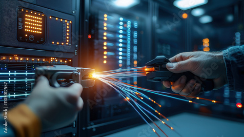 Fiber Optic High-Technology: Technicians Splicing Cables in Advanced Server Systems Technicians using advanced splicing tools in data center environment