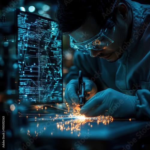 Fiber Optic High-Technology: Technicians Splicing Cables in Advanced Server Systems Close up of technician working with precision in high tech environment