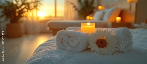 Relaxing spa atmosphere in hotel bedroom with candles towels and flower during sunset for wellness and rejuvenation themes photo