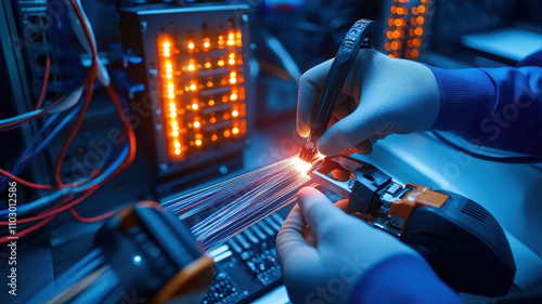 Fiber Optic High-Technology: Technicians Splicing Cables in Advanced Server Systems Close up of technicians using advanced splicing tools for fiber optics